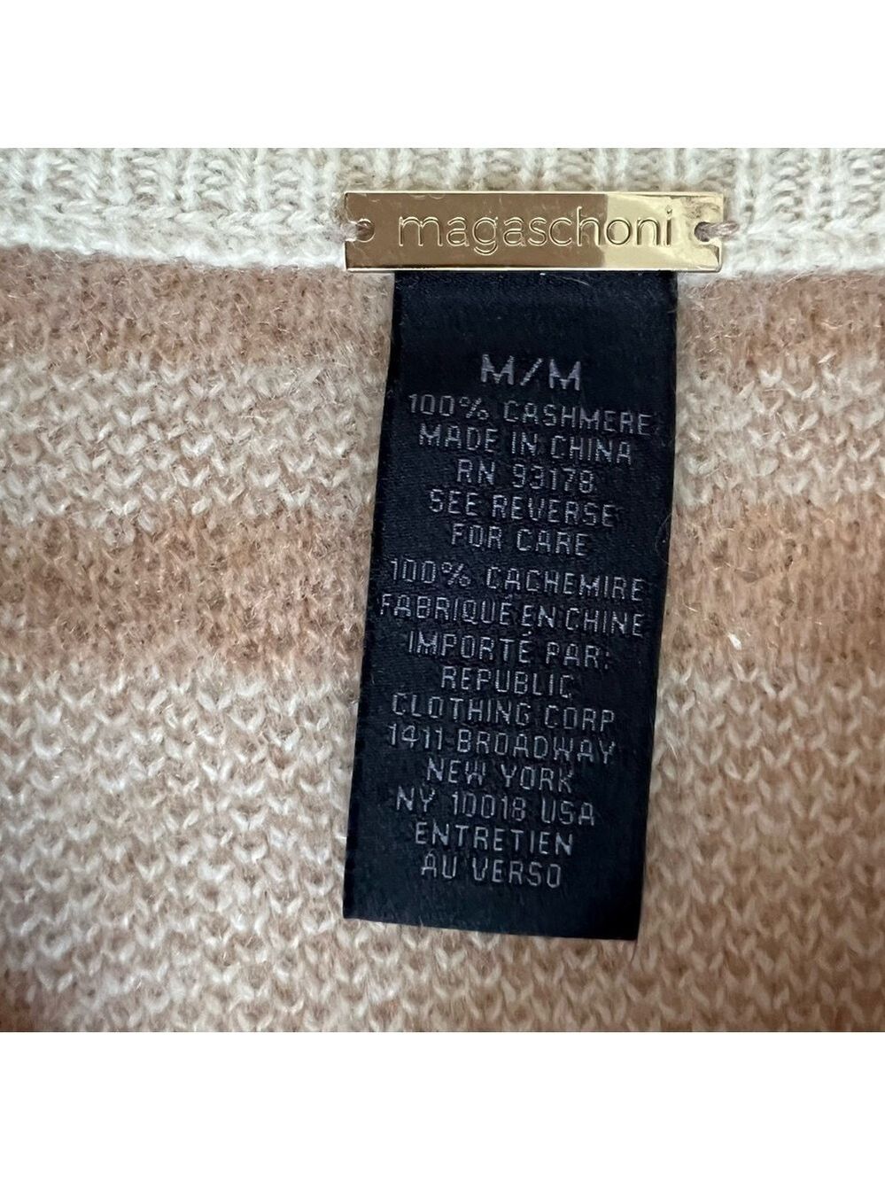 Magaschoni 100% Cashmere Zebra Stripe Sweater Camel Cream Crewneck Pullover M - Picture 4 of 5